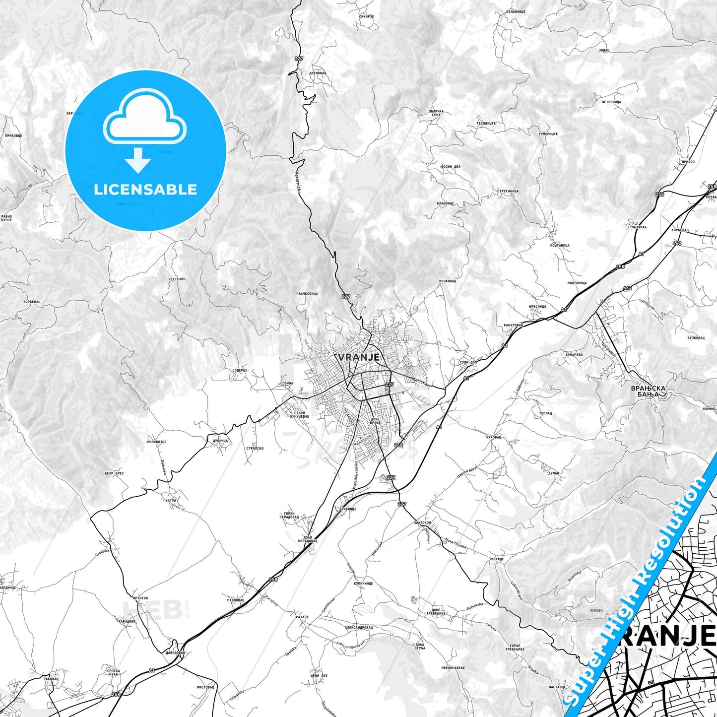 Vranje, Serbia light map with streetnames, citynames and districts