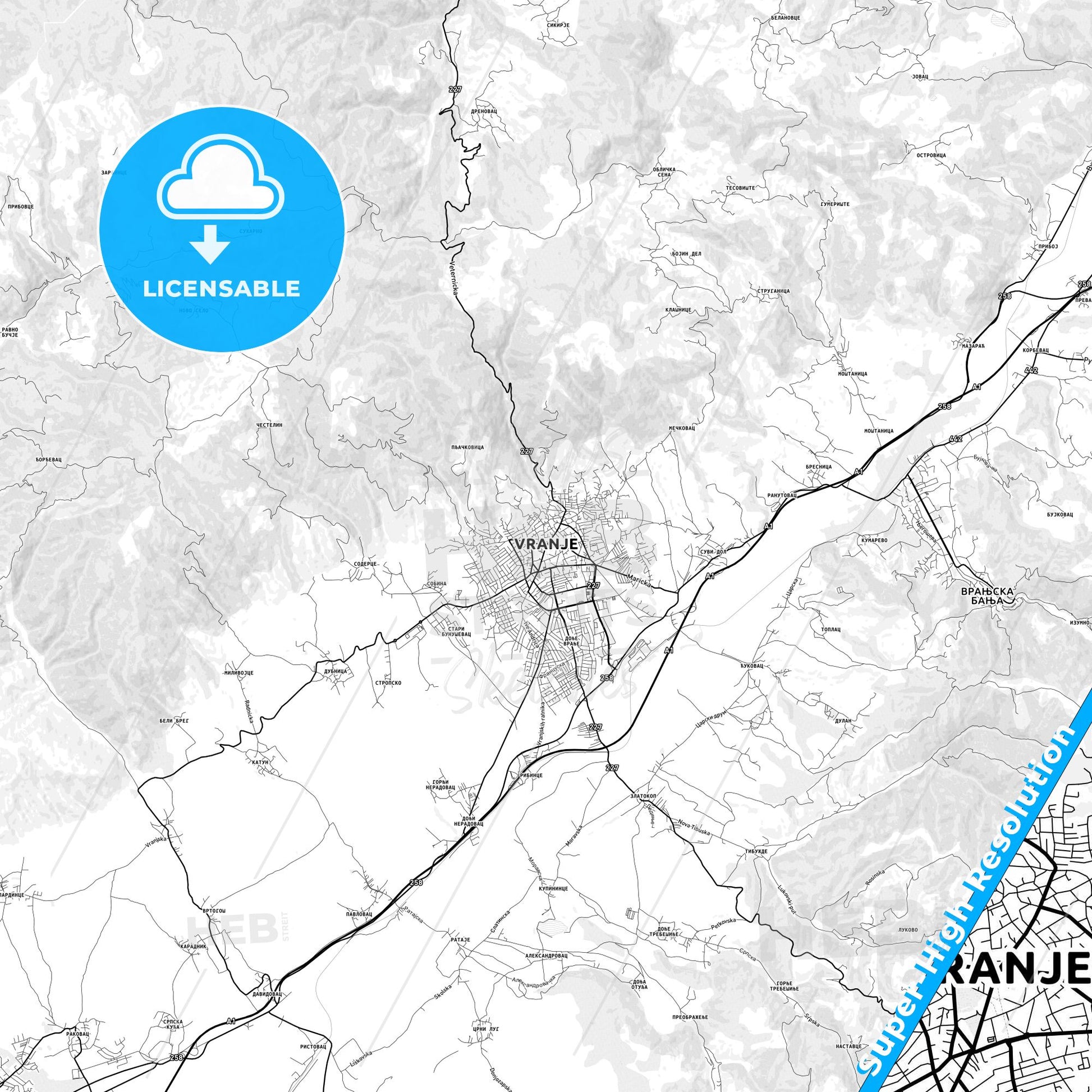 Vranje, Serbia light map with streetnames, citynames and districts