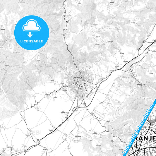 Vranje, Serbia light map with streetnames, citynames and districts