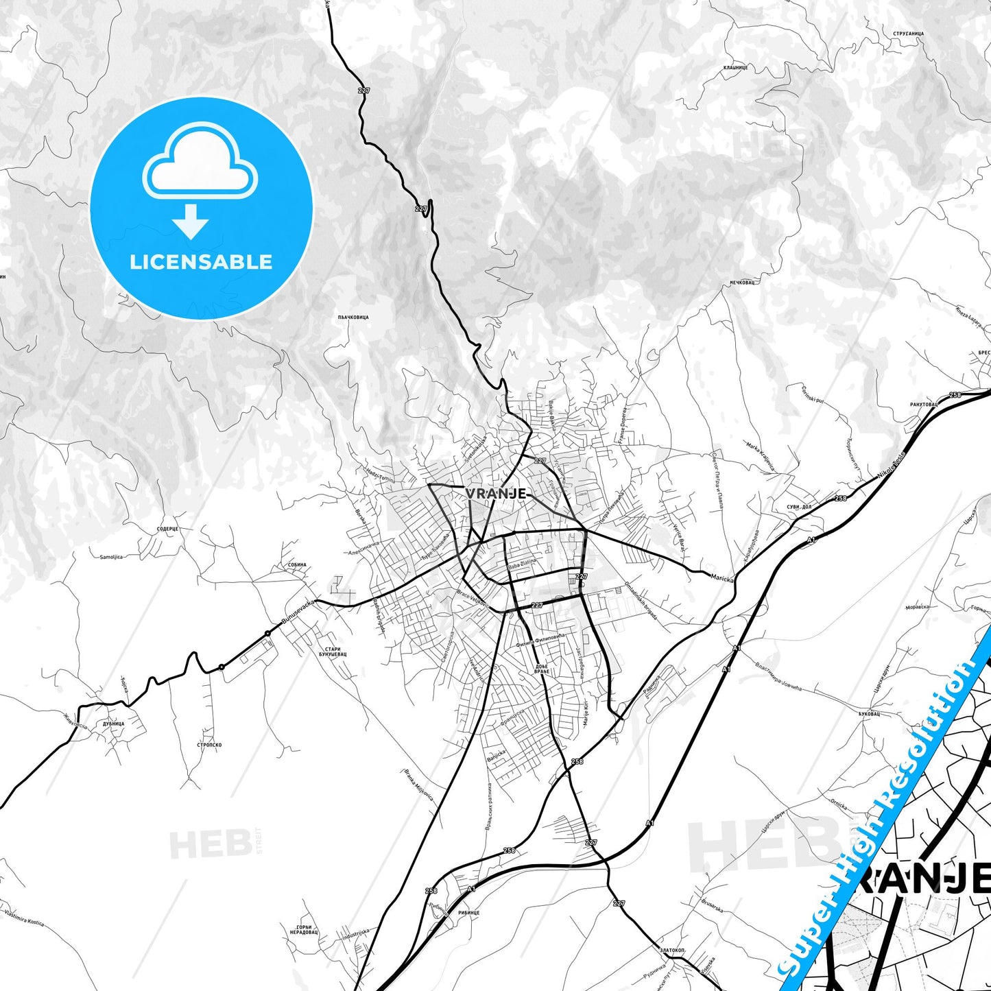 Vranje, Serbia Light Map with Street Names, City Names, and Districts