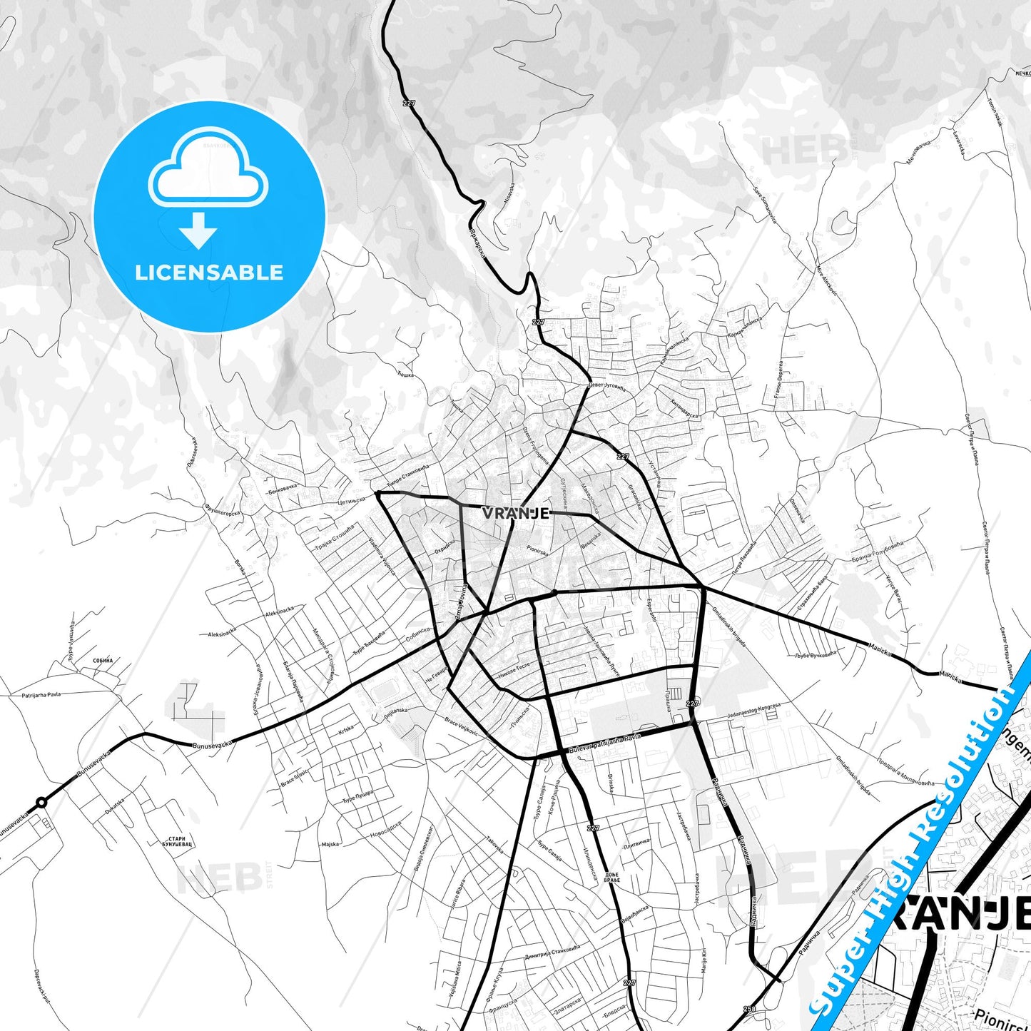 Vranje, Serbia Light Map with Street Names, City Names, and Districts