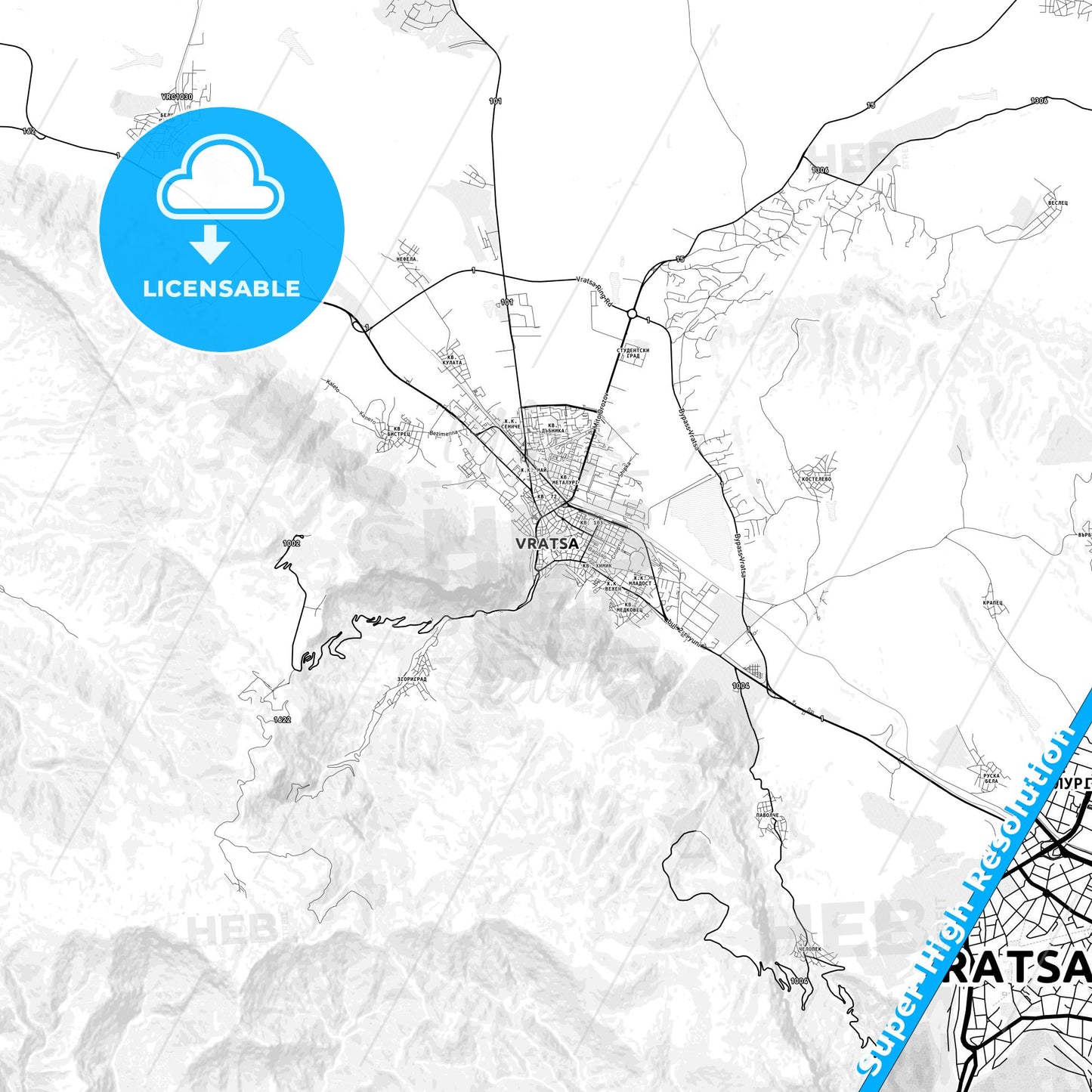 Vratsa, Bulgaria light map with streetnames, citynames and districts