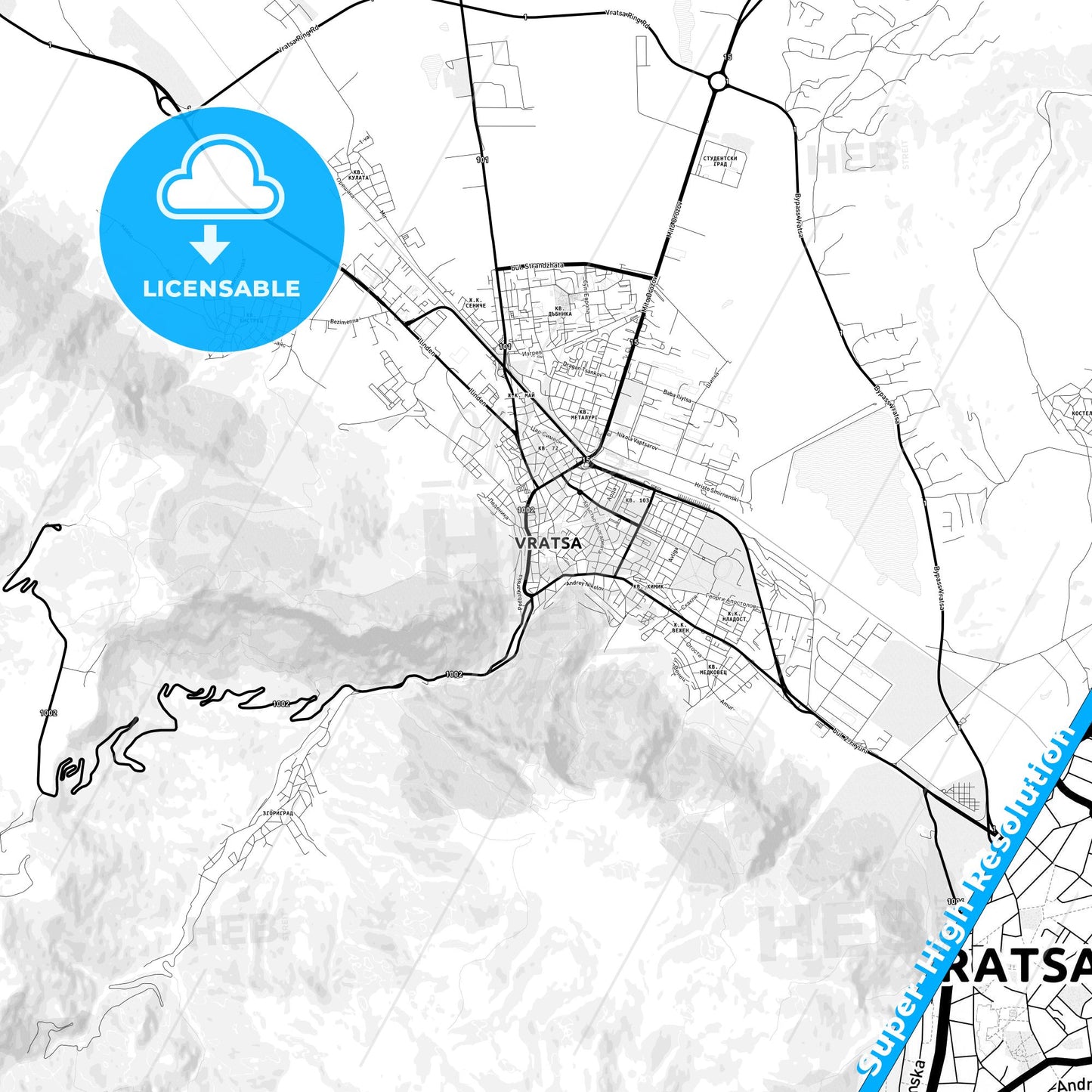 Vratsa, Bulgaria Light Map with Street Names, City Names, and Districts