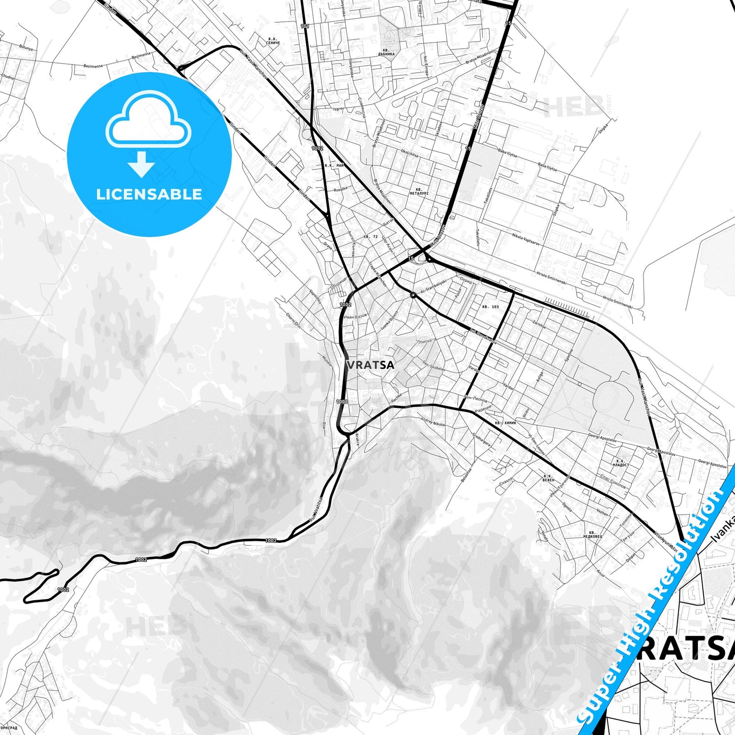 Vratsa, Bulgaria Light Map with Street Names, City Names, and Districts