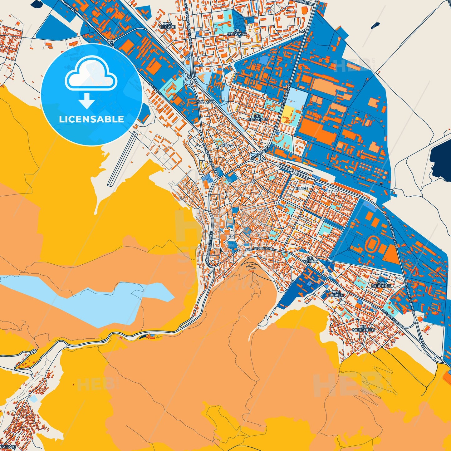 Colorful Vratsa Street Map with Labels and Buildings