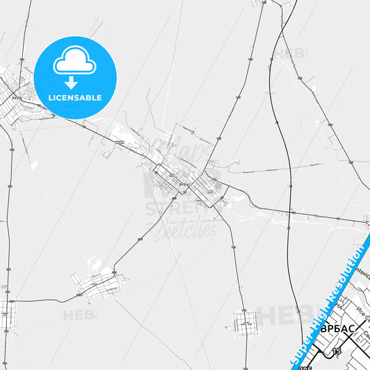 Vrbas, Serbia light map with streetnames, citynames and districts