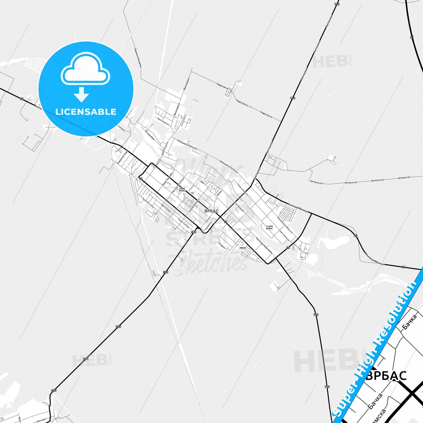 Vrbas, Serbia Light Map with Street Names, City Names, and Districts