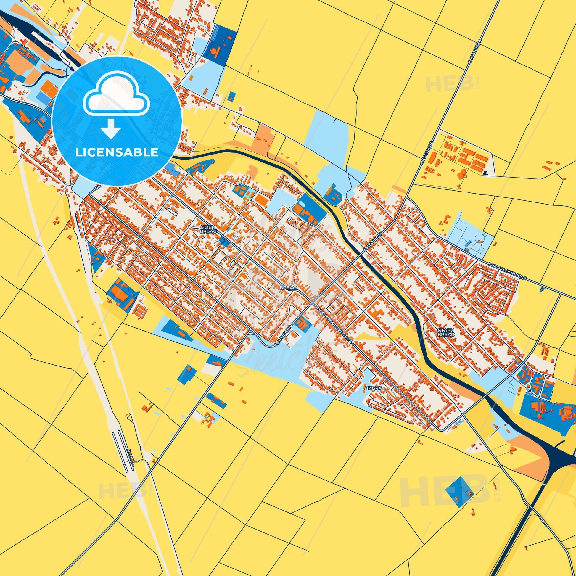Colorful Vrbas Street Map with Labels and Buildings