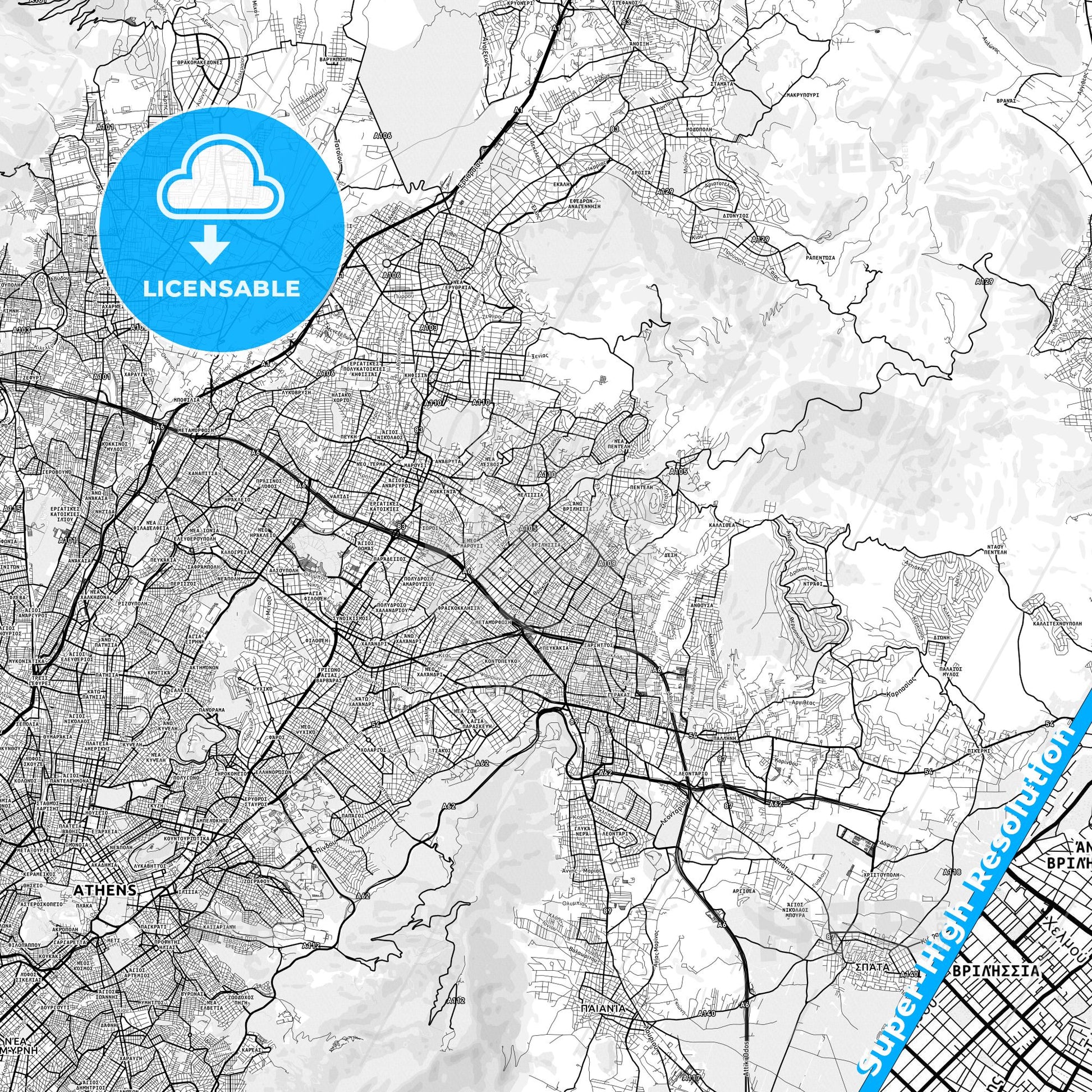 Vrilissia, Greece light map with streetnames, citynames and districts