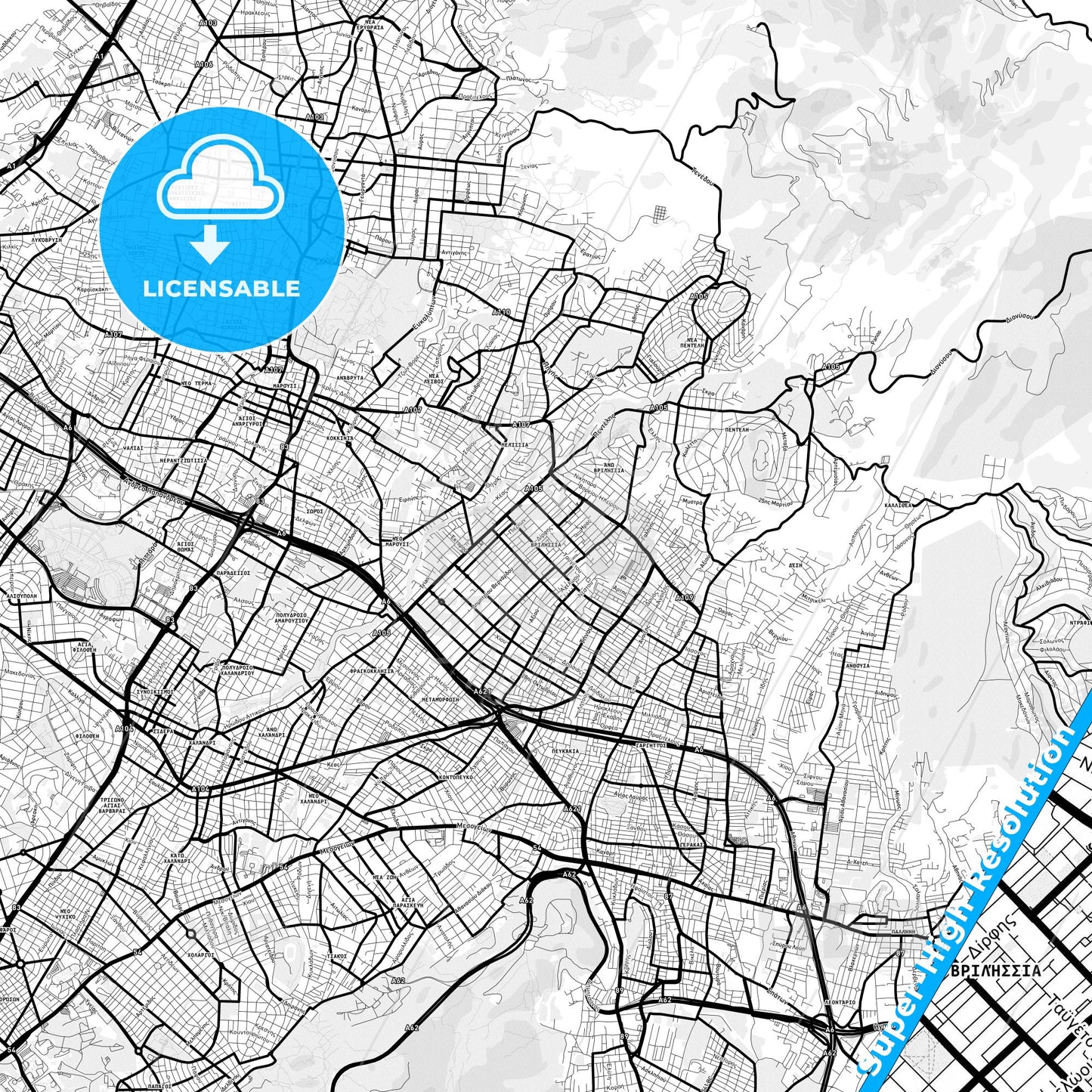 Vrilissia, Greece Light Map with Street Names, City Names, and Districts