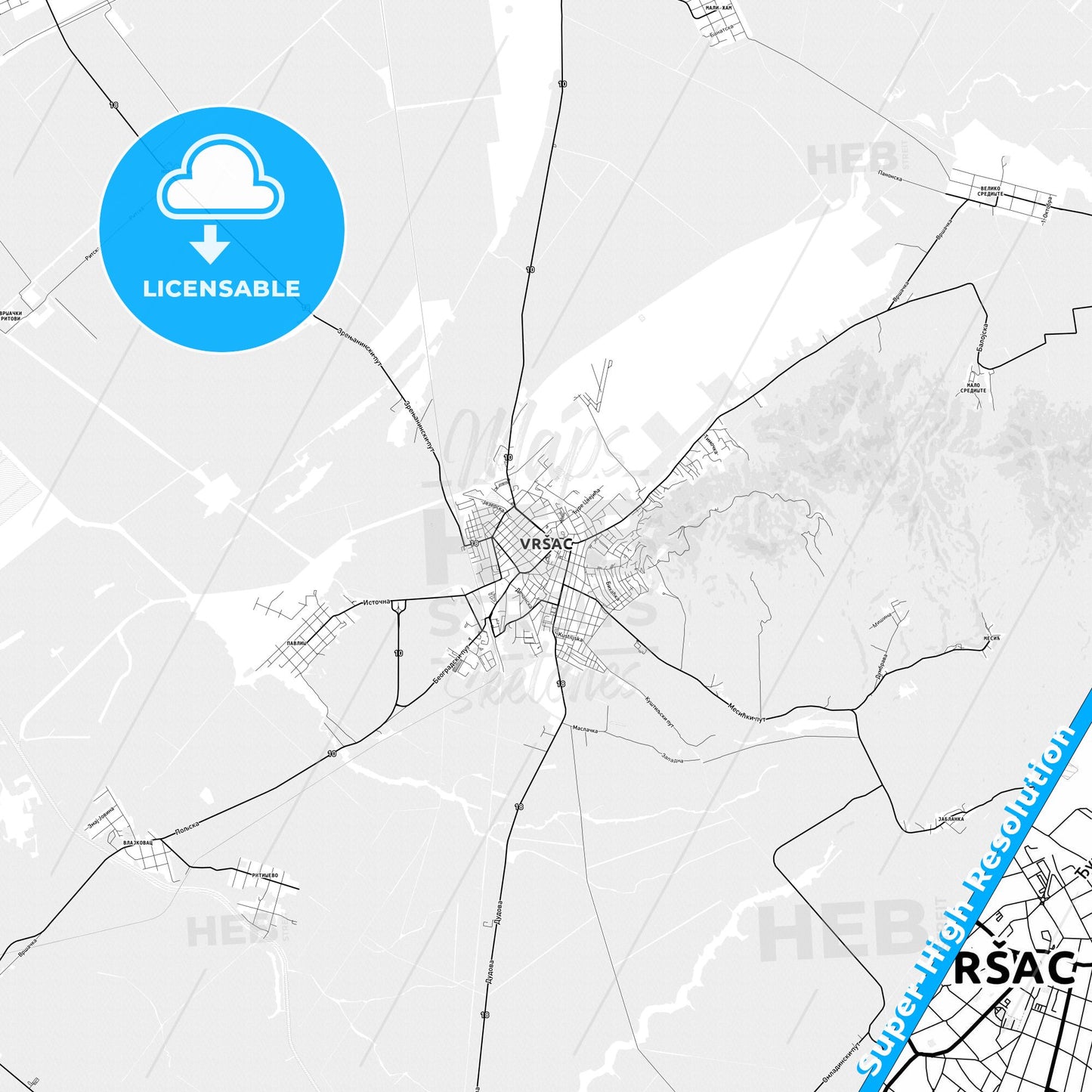 Vršac, Serbia light map with streetnames, citynames and districts