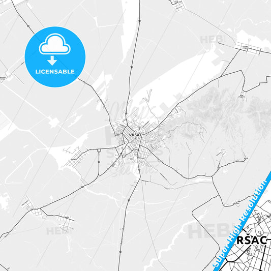 Vršac, Serbia light map with streetnames, citynames and districts