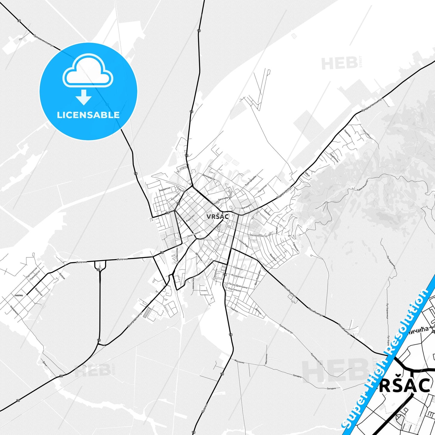 Vršac, Serbia Light Map with Street Names, City Names, and Districts
