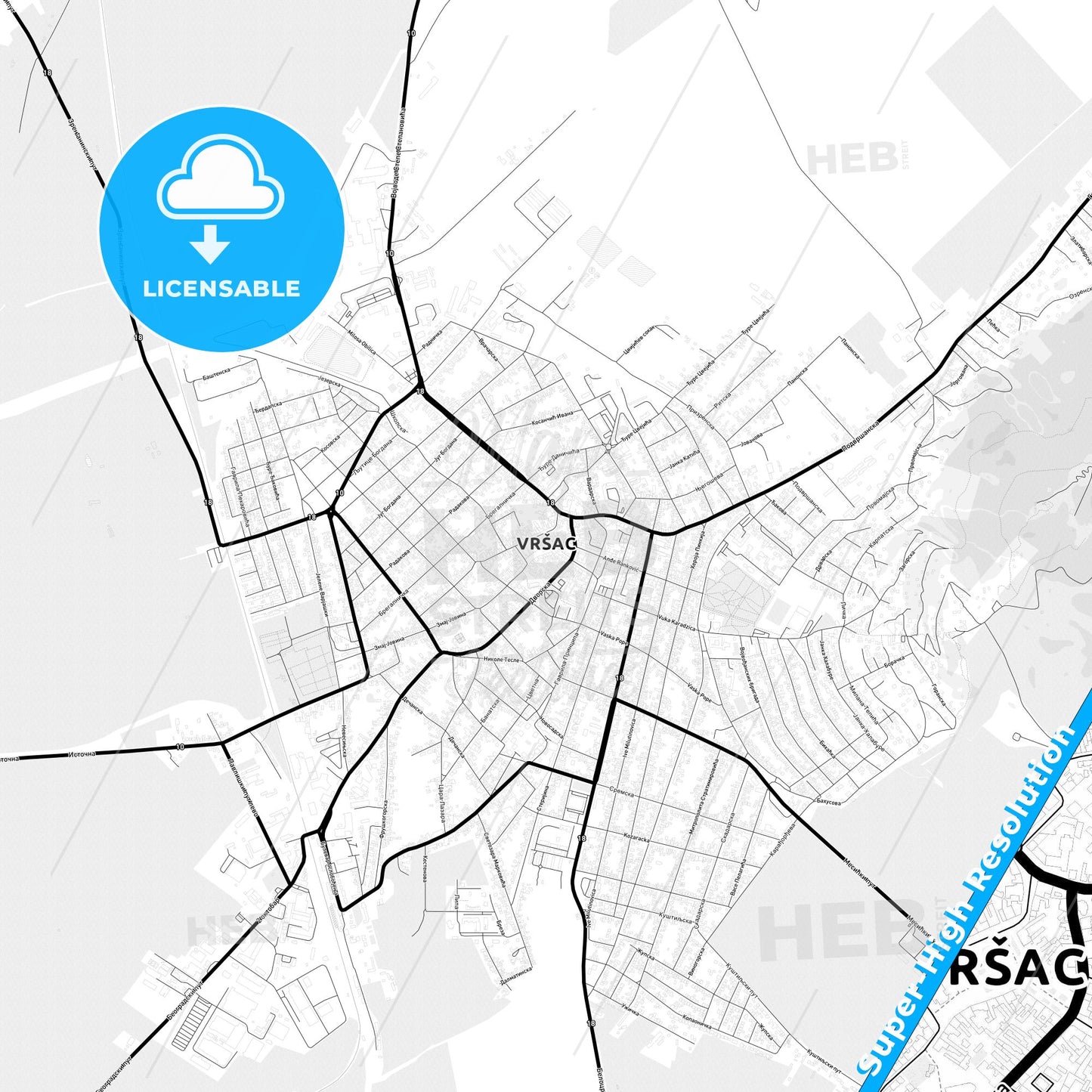 Vršac, Serbia Light Map with Street Names, City Names, and Districts