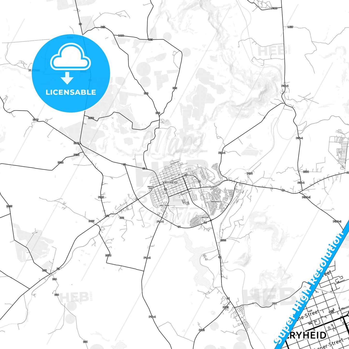 Vryheid, South Africa light map with streetnames, citynames and districts
