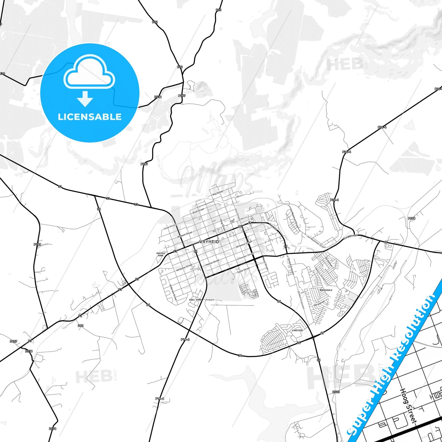 Vryheid, South Africa Light Map with Street Names, City Names, and Districts