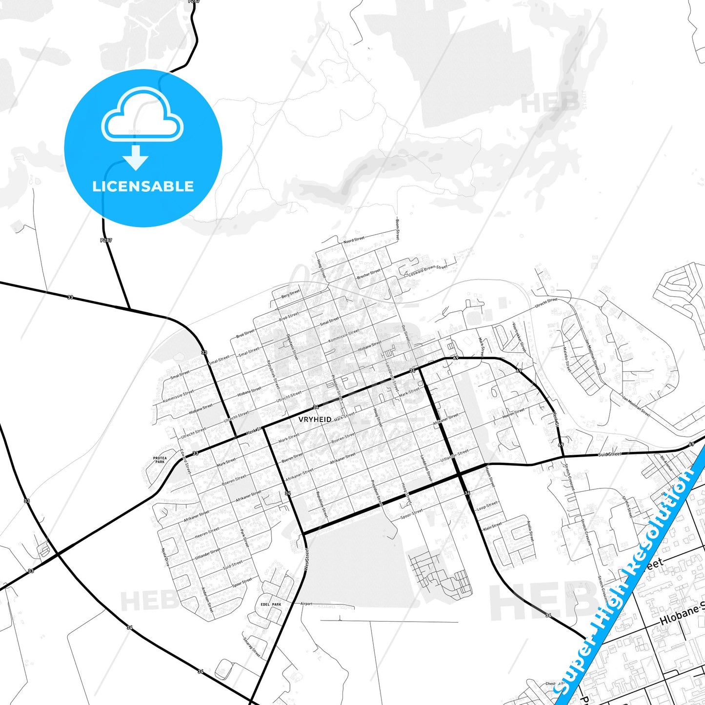 Vryheid, South Africa Light Map with Street Names, City Names, and Districts
