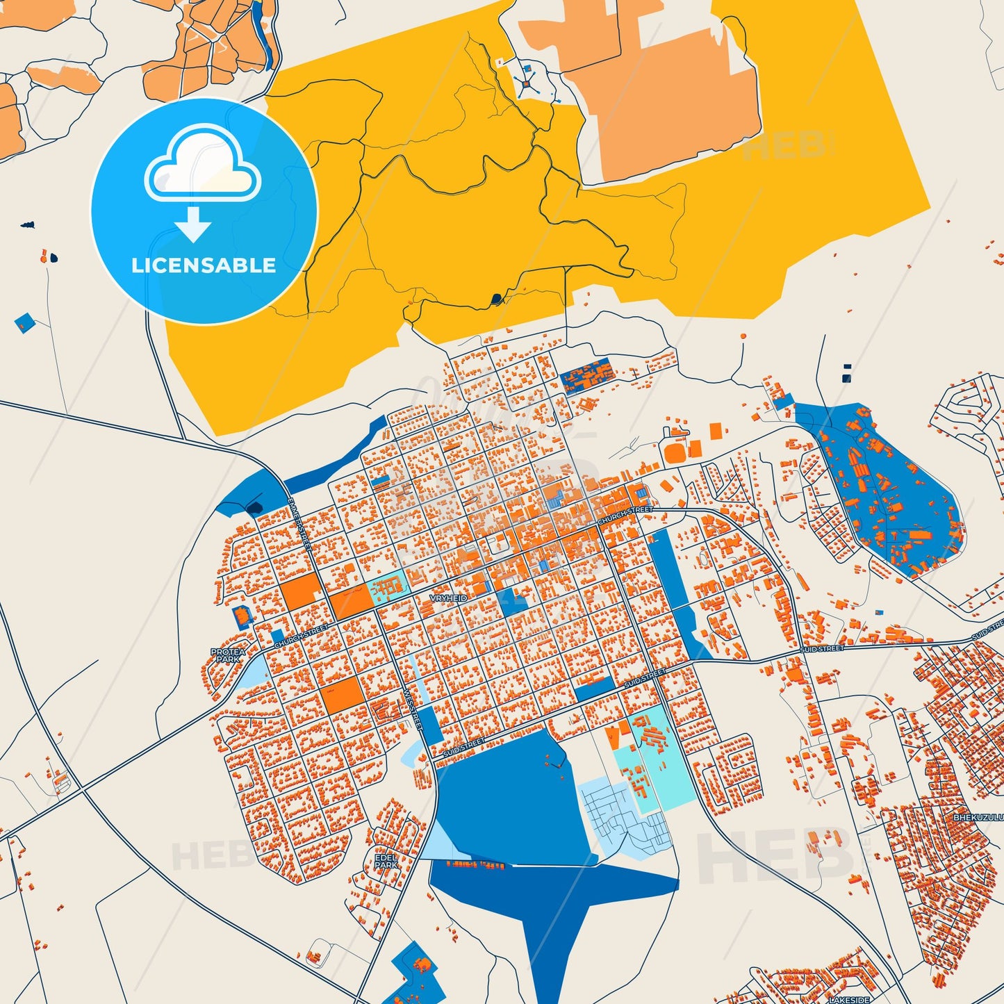 Colorful Vryheid Street Map with Labels and Buildings
