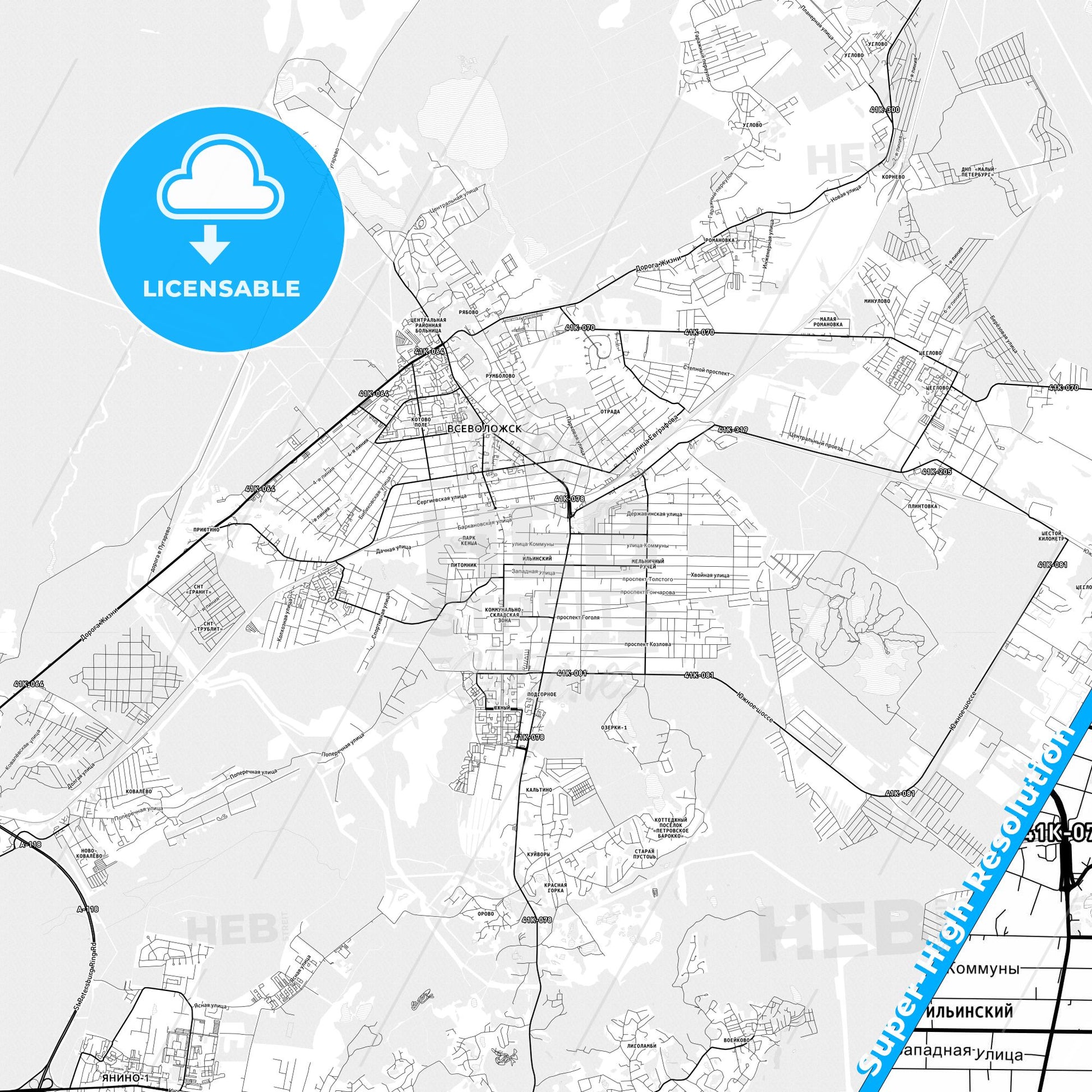 Vsevolozhsk, Russia light map with streetnames, citynames and districts