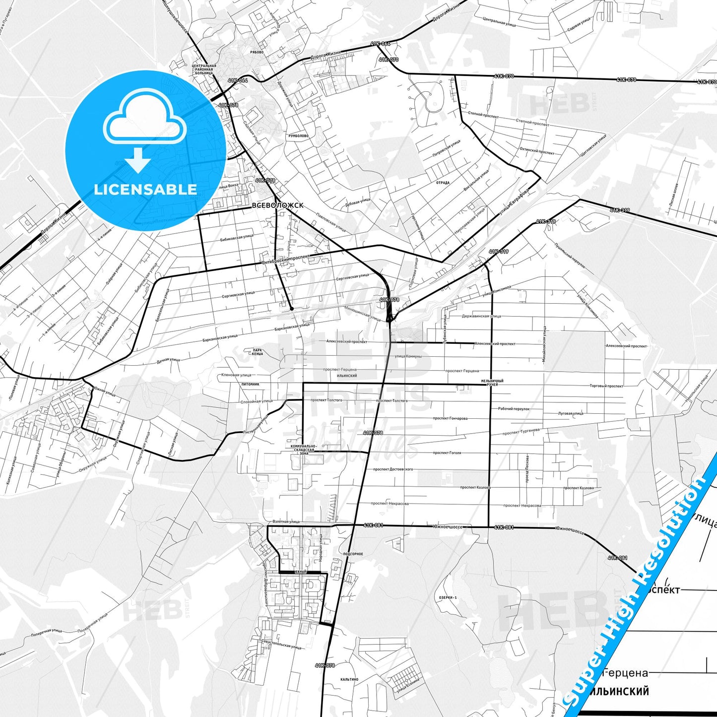 Vsevolozhsk, Russia Light Map with Street Names, City Names, and Districts