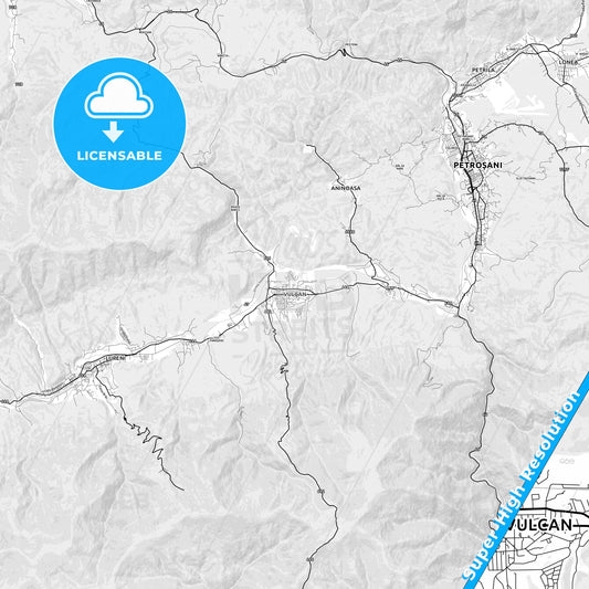 Vulcan, Romania light map with streetnames, citynames and districts