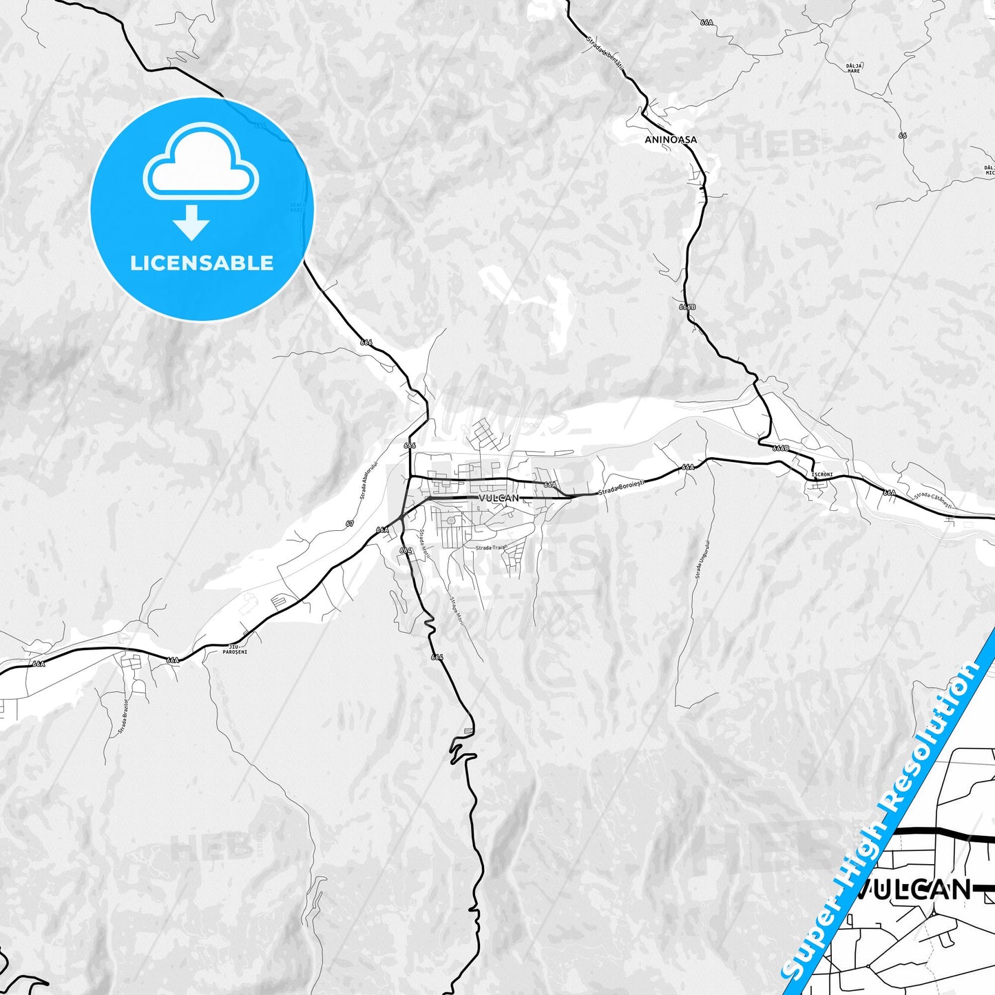 Vulcan, Romania Light Map with Street Names, City Names, and Districts