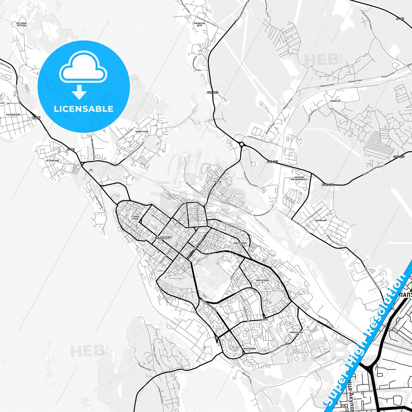 Vyborg, Russia Light Map with Street Names, City Names, and Districts