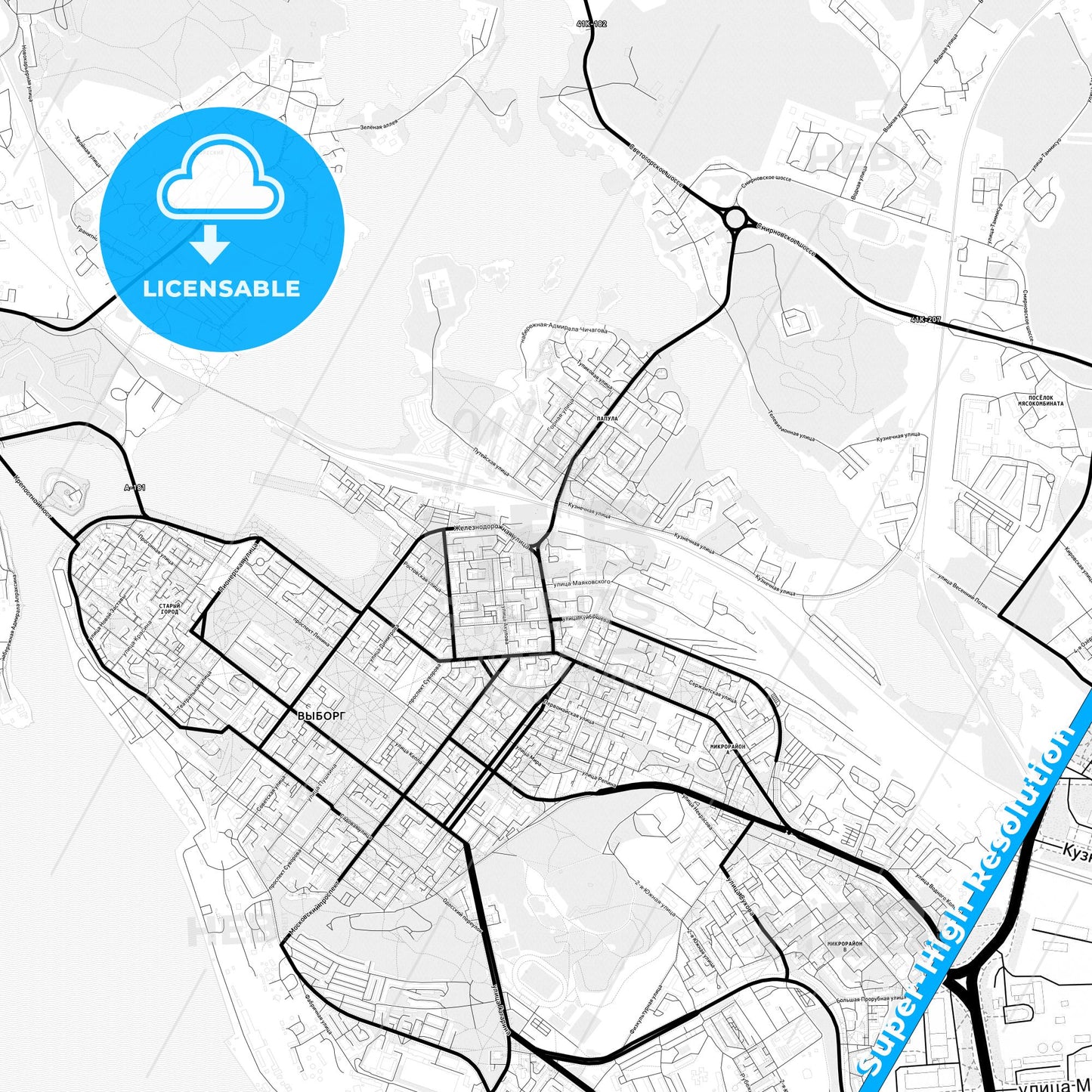 Vyborg, Russia Light Map with Street Names, City Names, and Districts
