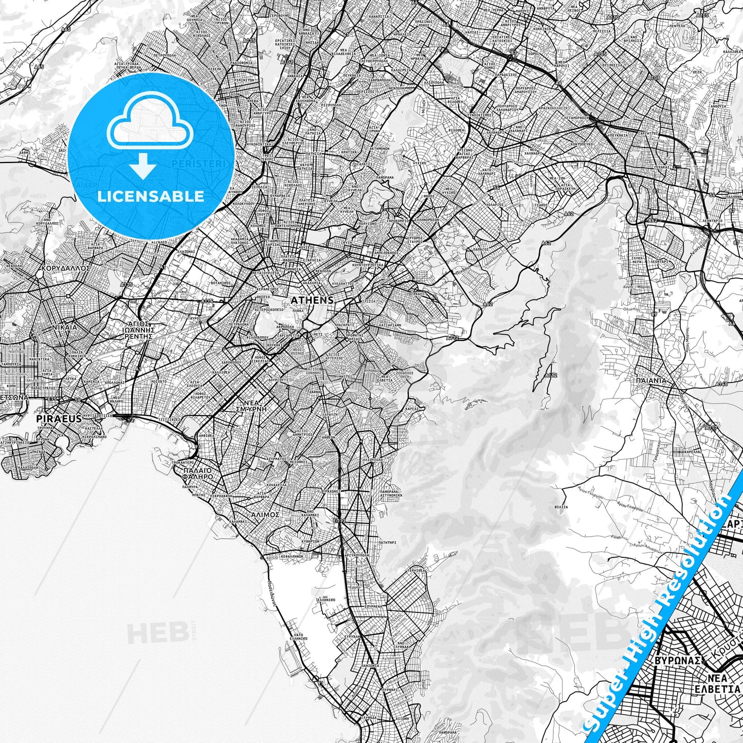 Vyronas, Greece light map with streetnames, citynames and districts