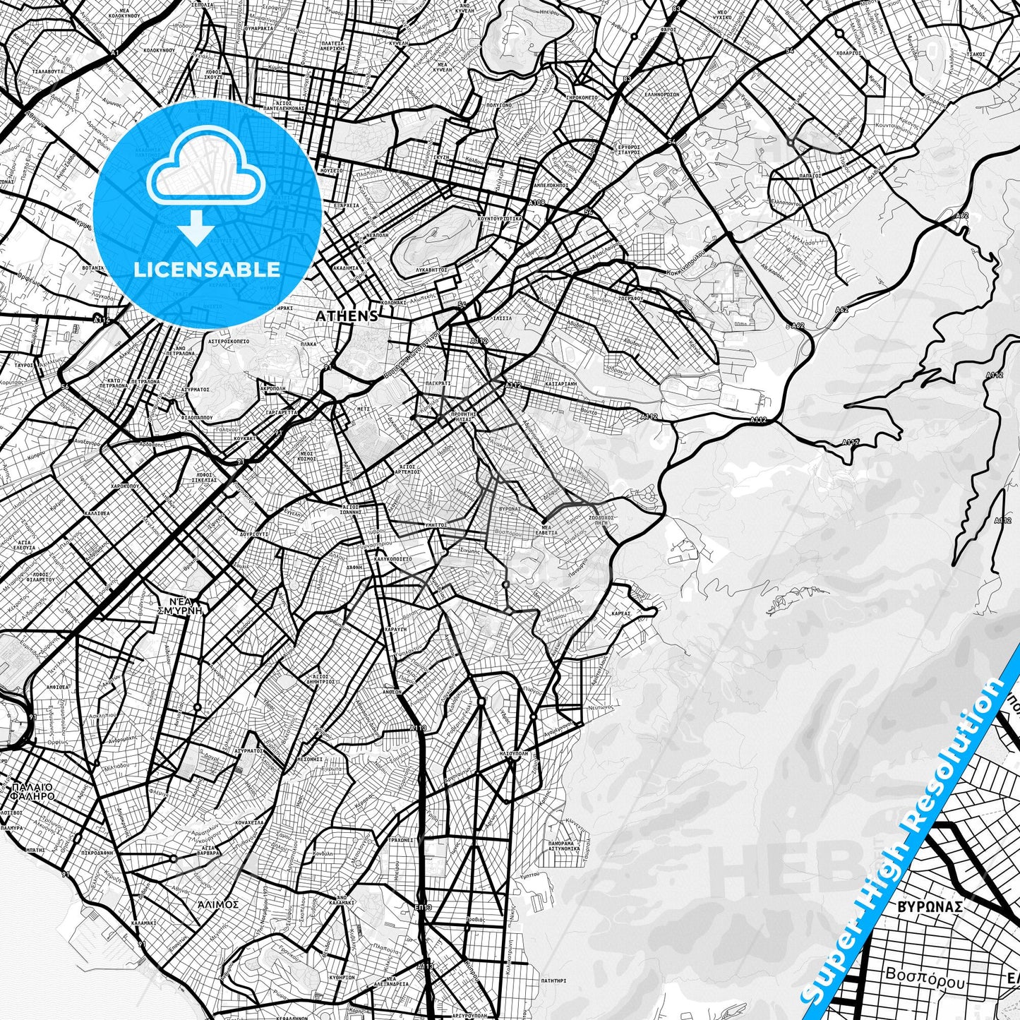 Vyronas, Greece Light Map with Street Names, City Names, and Districts