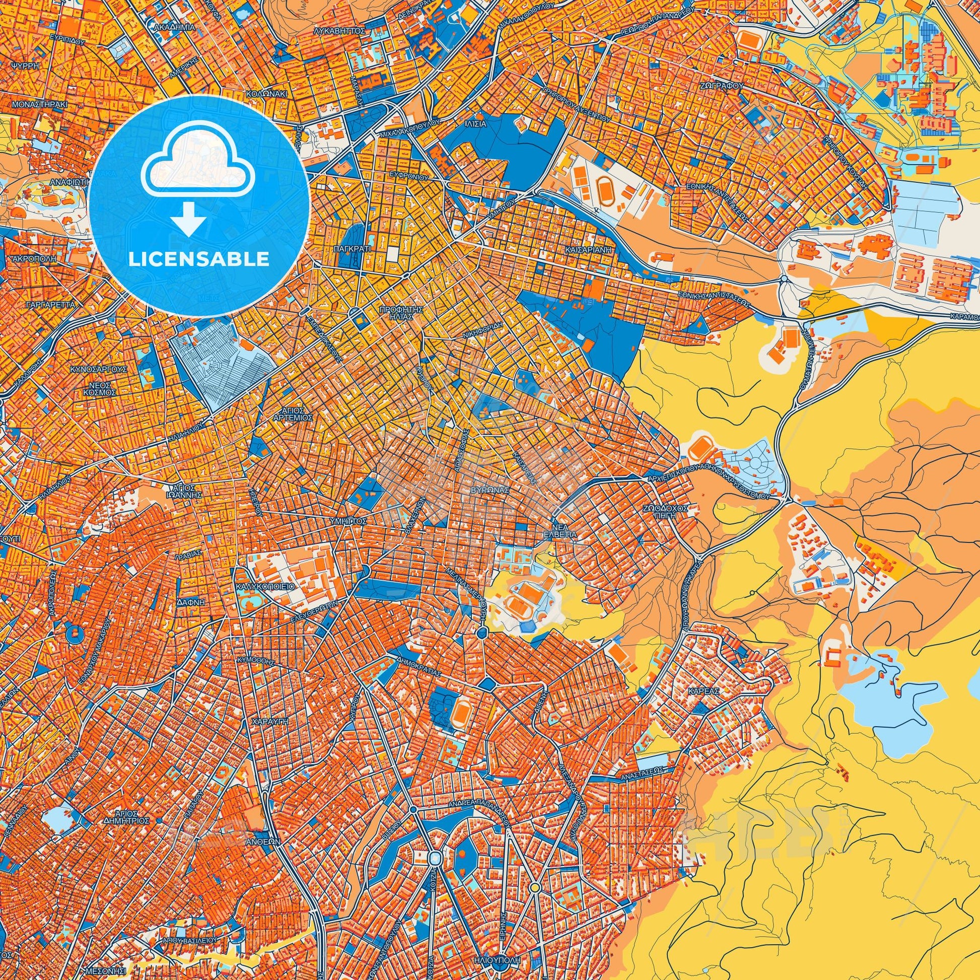 Colorful Vyronas Street Map with Labels and Buildings