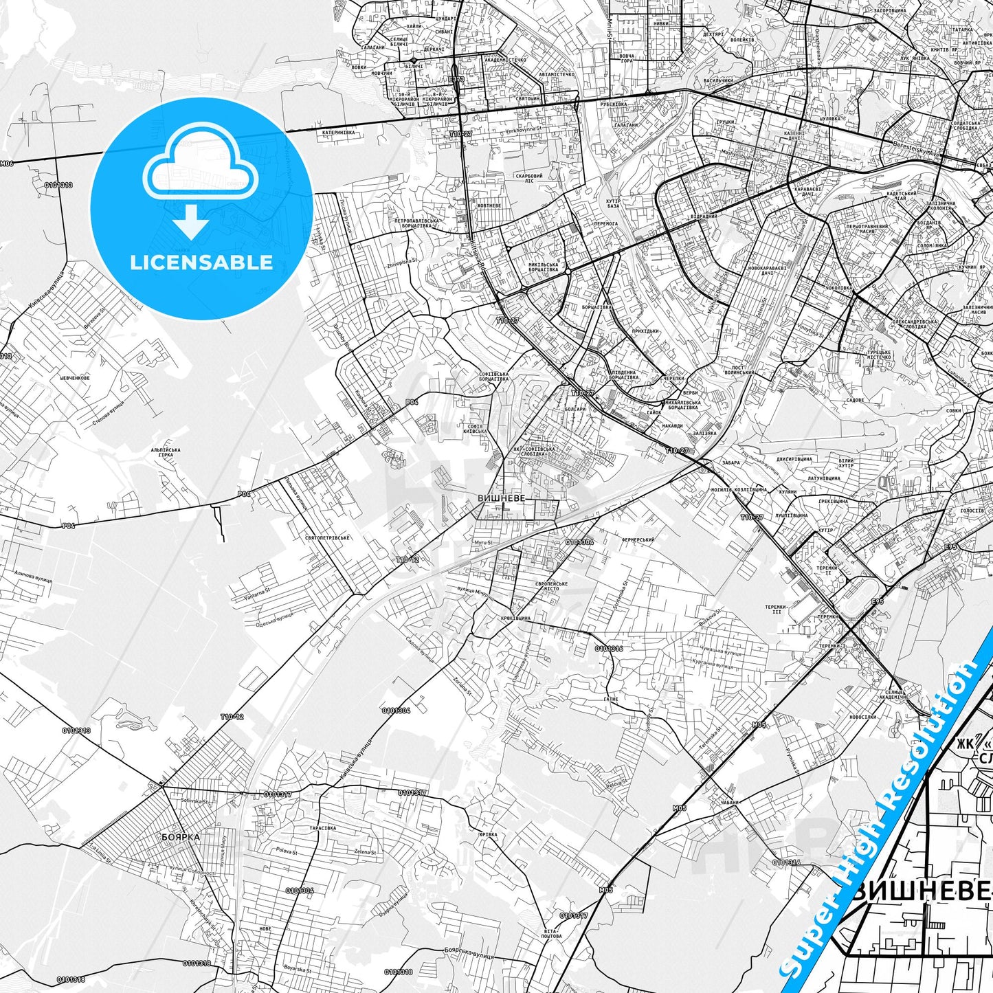 Vyshneve, Ukraine light map with streetnames, citynames and districts