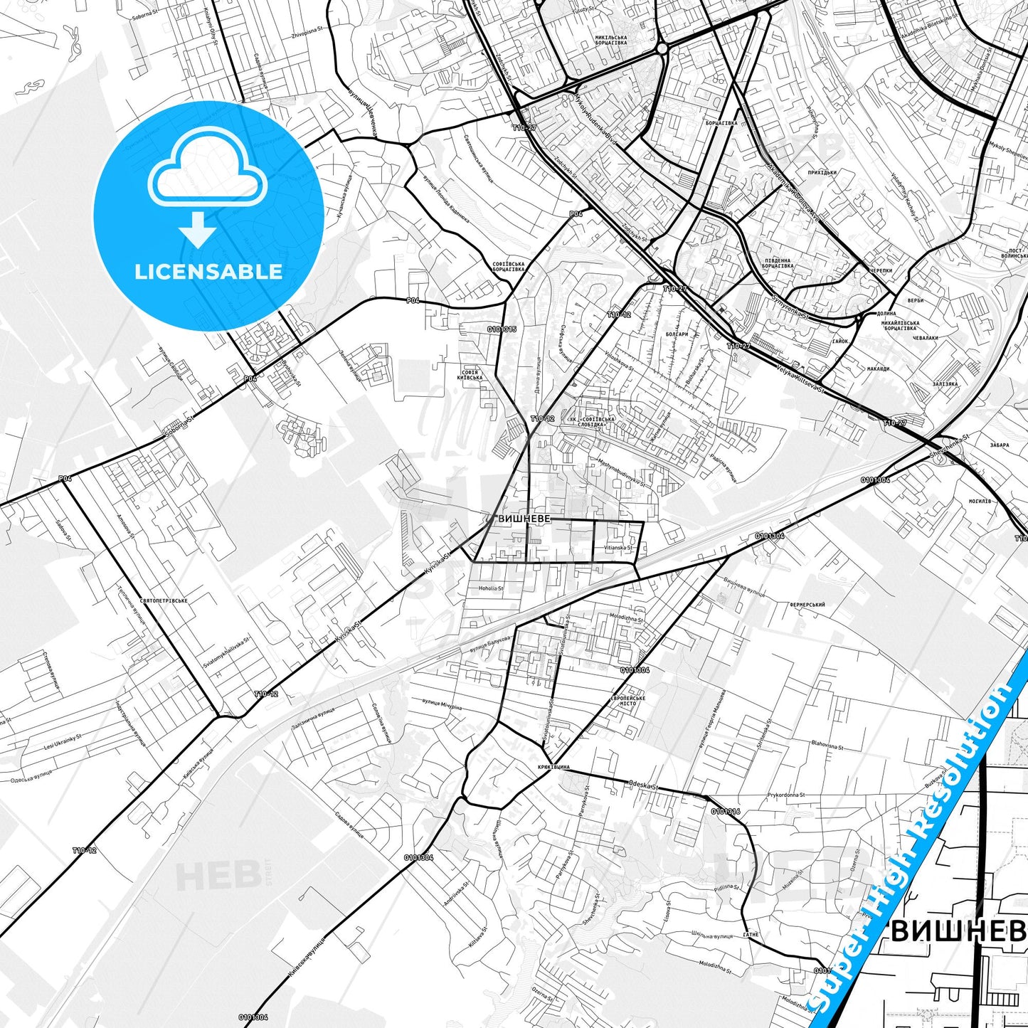 Vyshneve, Ukraine Light Map with Street Names, City Names, and Districts