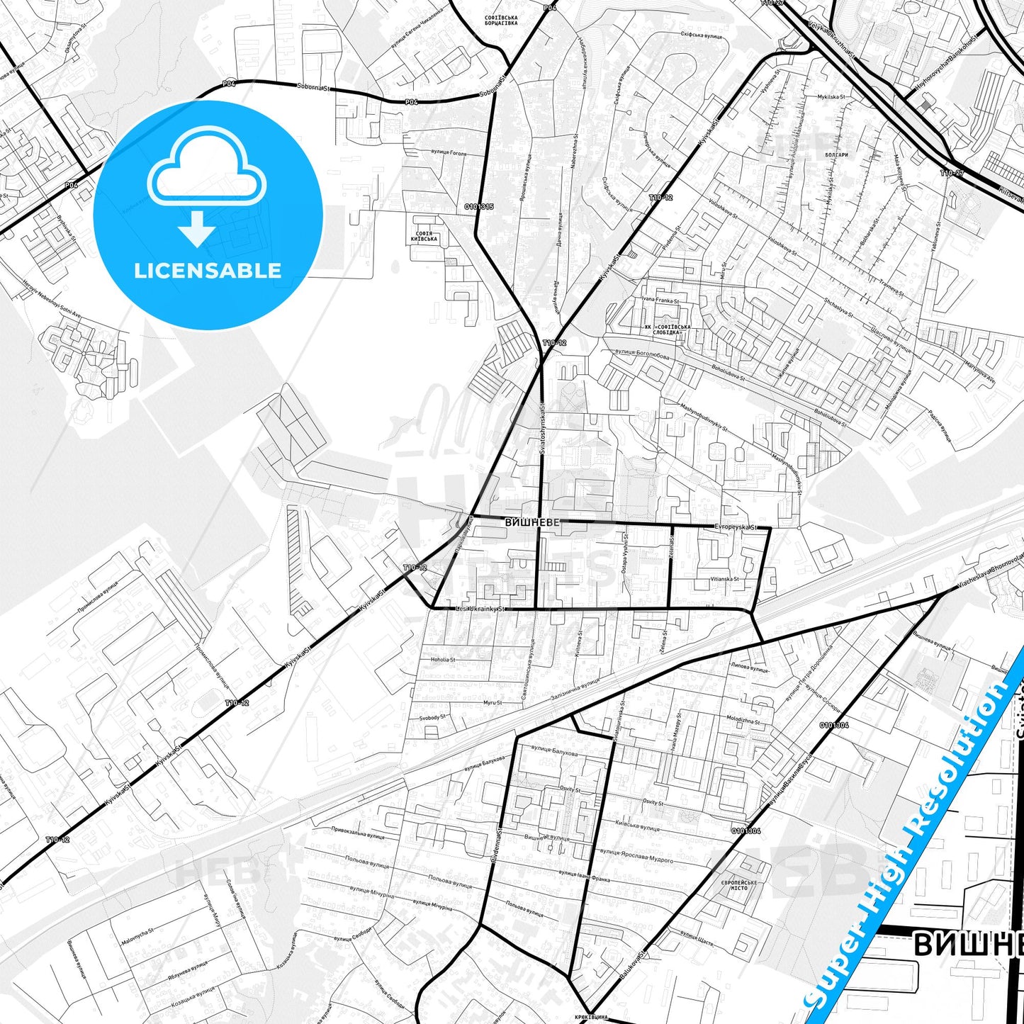 Vyshneve, Ukraine Light Map with Street Names, City Names, and Districts