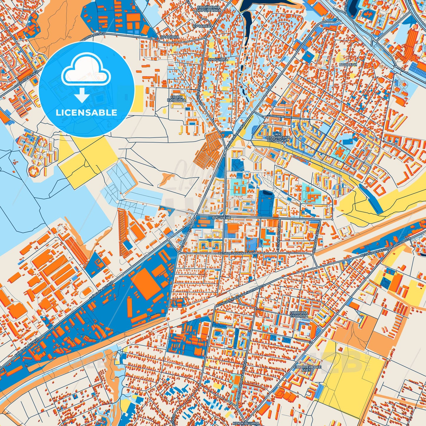 Colorful Vyshneve Street Map with Labels and Buildings