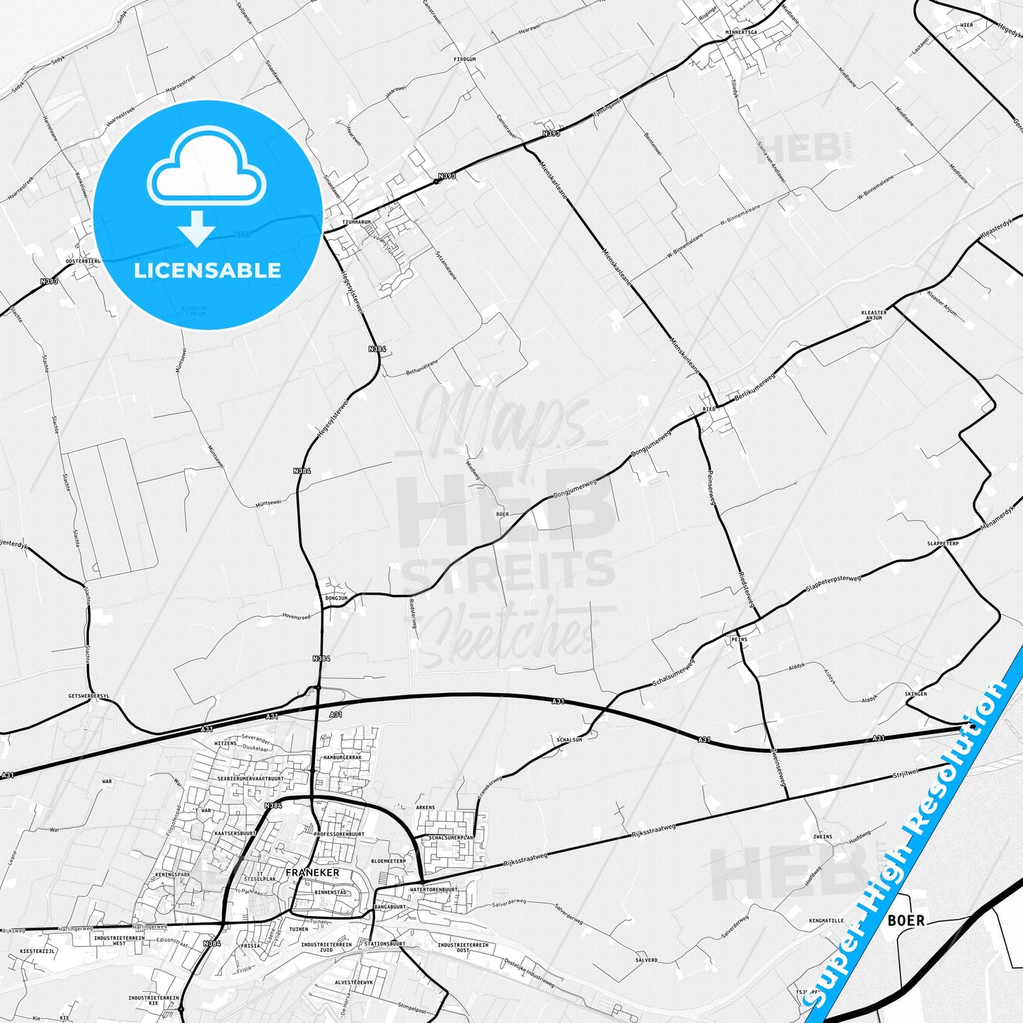 Waadhoeke, Netherlands Light Map with Street Names, City Names, and Districts