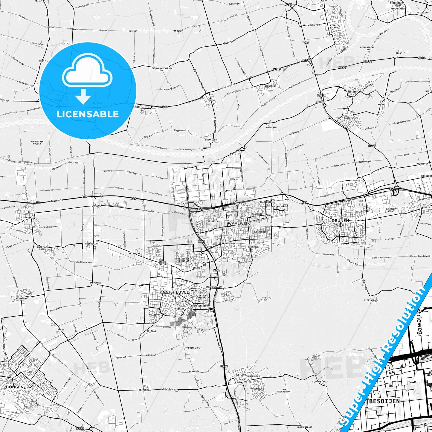 Waalwijk, Netherlands light map with streetnames, citynames and districts