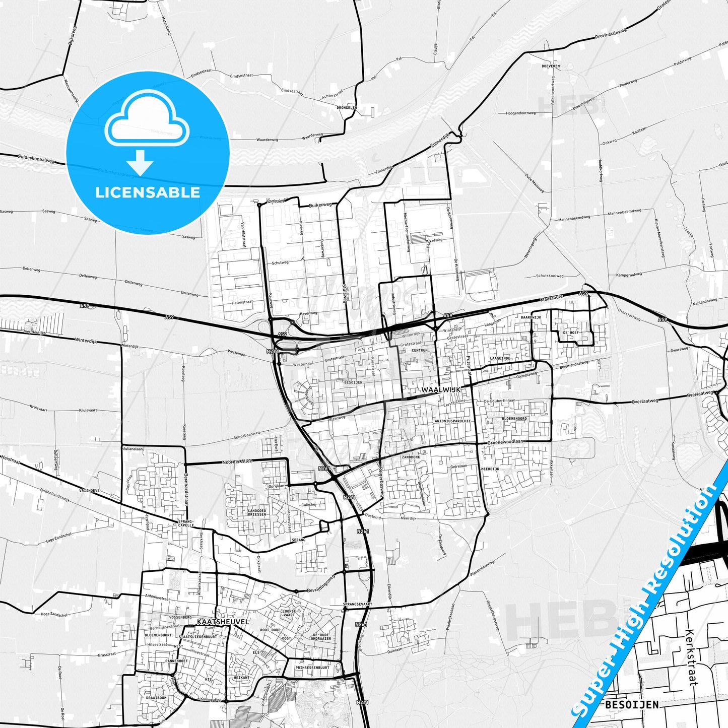 Waalwijk, Netherlands Light Map with Street Names, City Names, and Districts