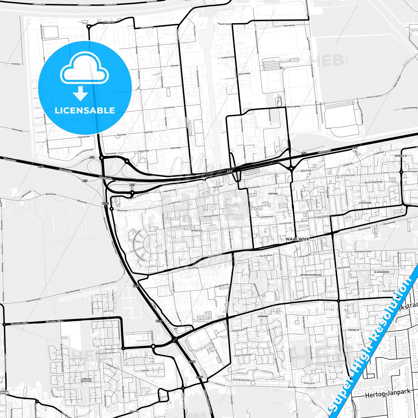 Waalwijk, Netherlands Light Map with Street Names, City Names, and Districts