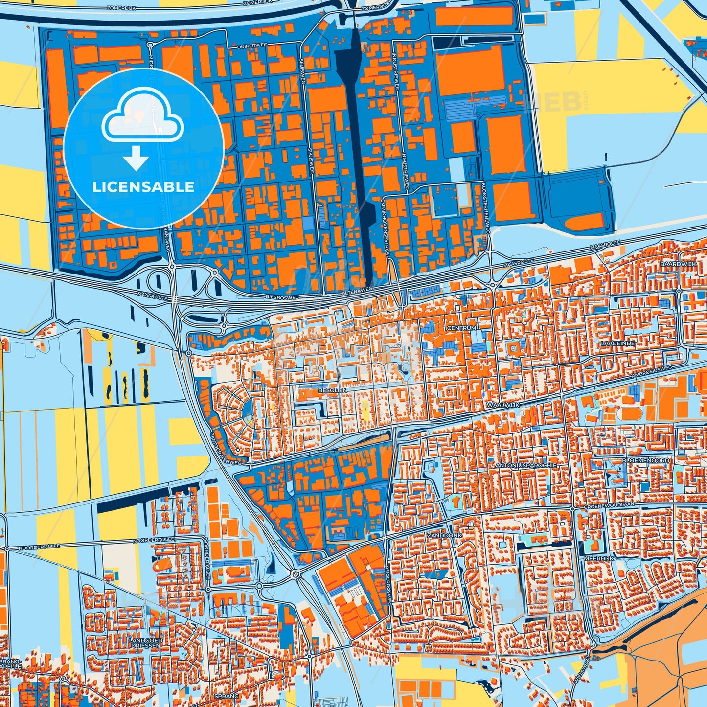 Colorful Waalwijk Street Map with Labels and Buildings