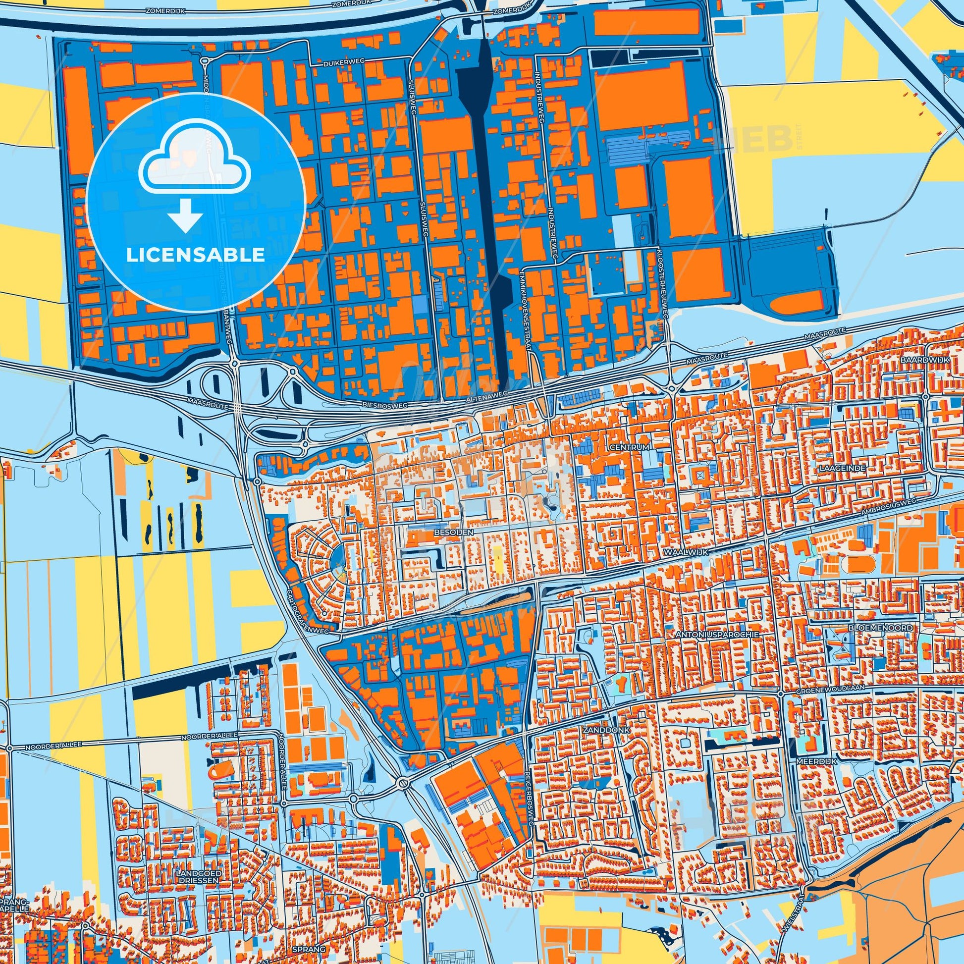Colorful Waalwijk Street Map with Labels and Buildings