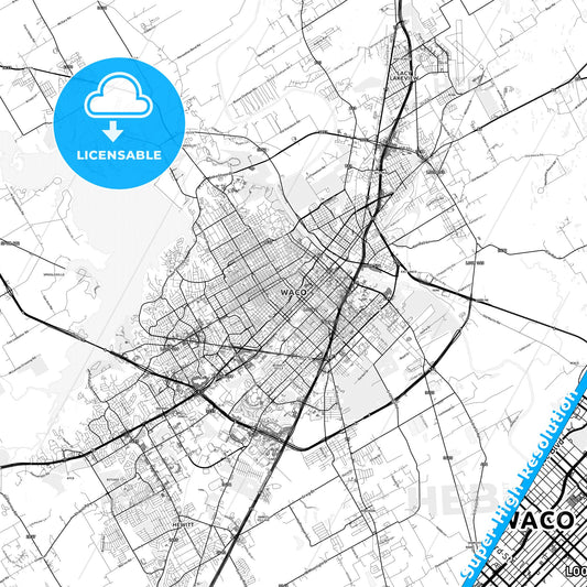 Waco, Texas light map with streetnames, citynames and districts