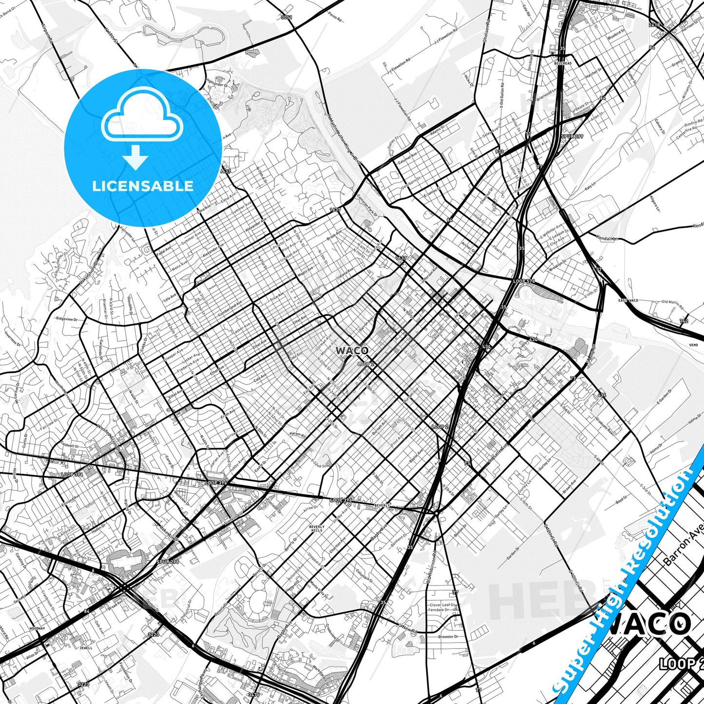 Waco, Texas Light Map with Street Names, City Names, and Districts