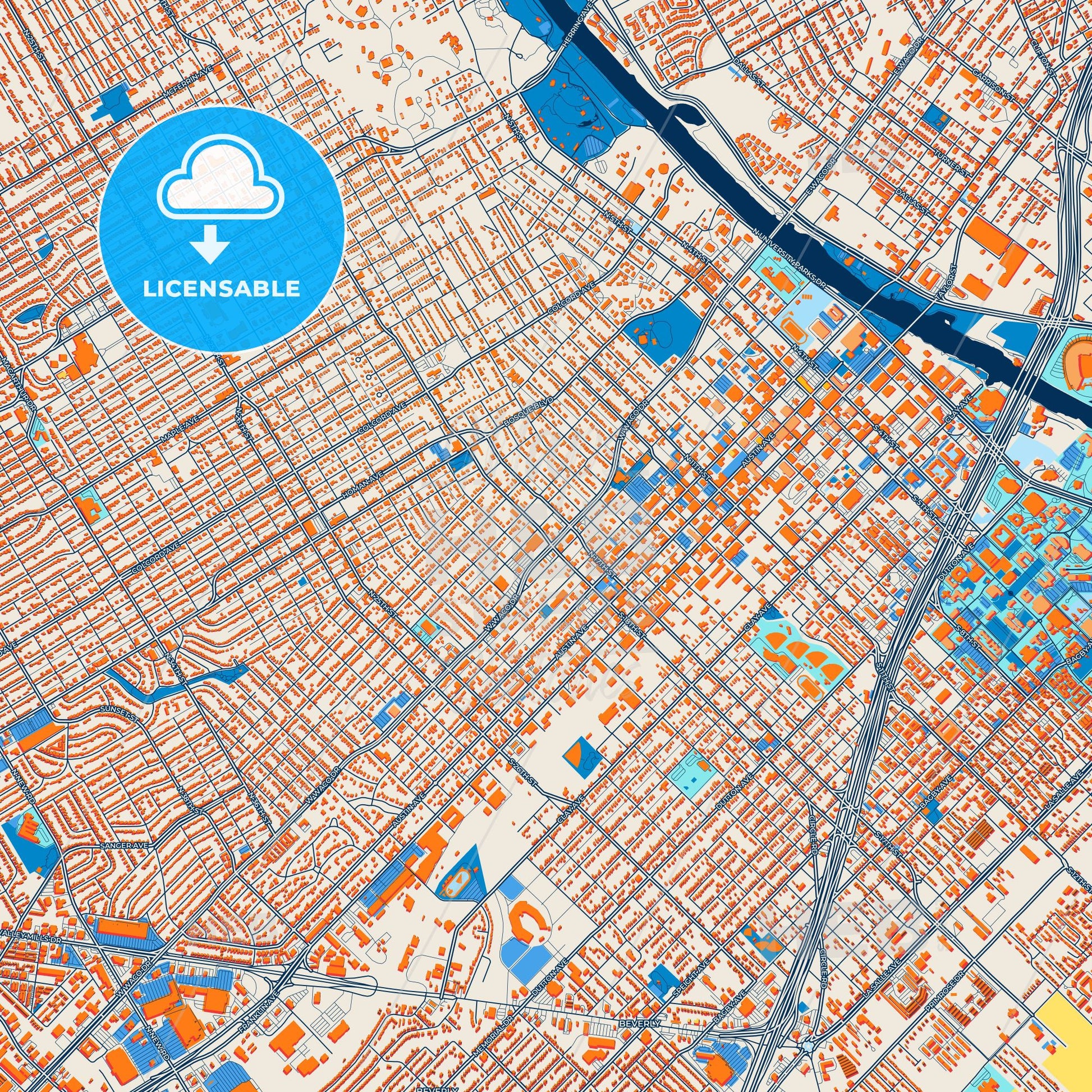 Colorful Waco Street Map with Labels and Buildings