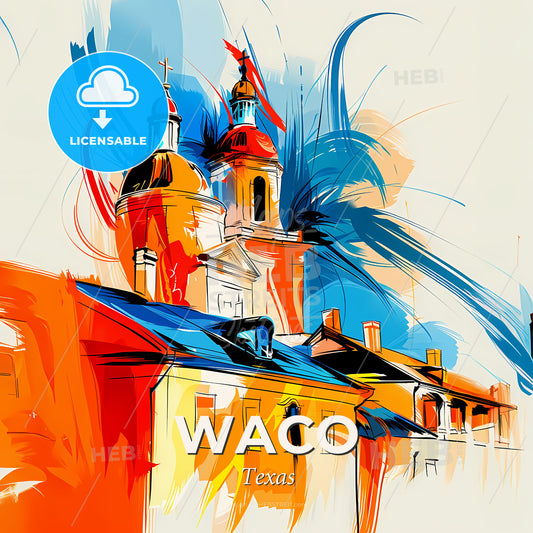 Vibrant Waco, Texas - A Painting Of A Building With A Dome And A Spire - Square format print template
