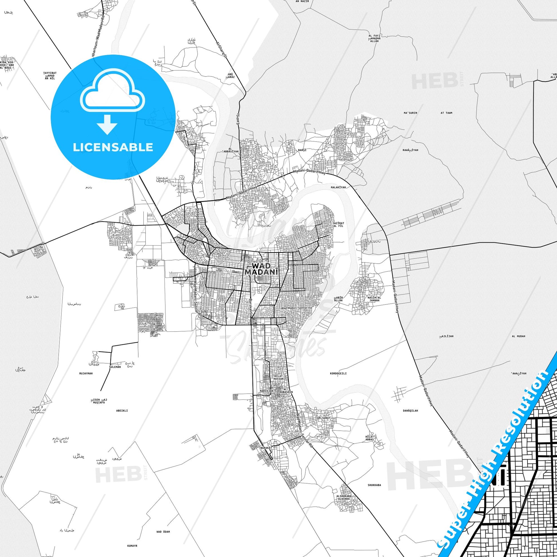 Wad Medani, Sudan light map with streetnames, citynames and districts