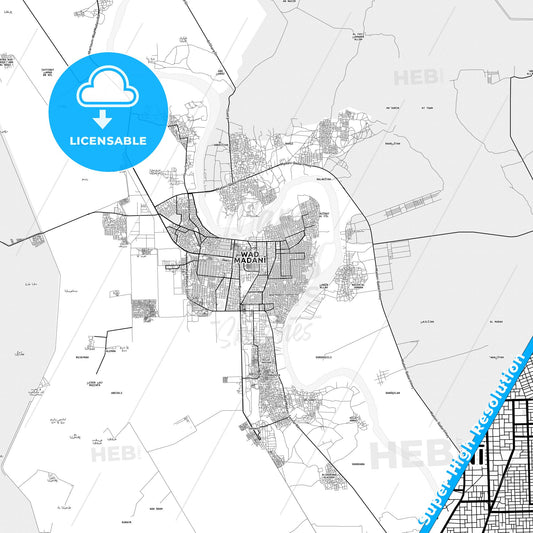 Wad Medani, Sudan light map with streetnames, citynames and districts