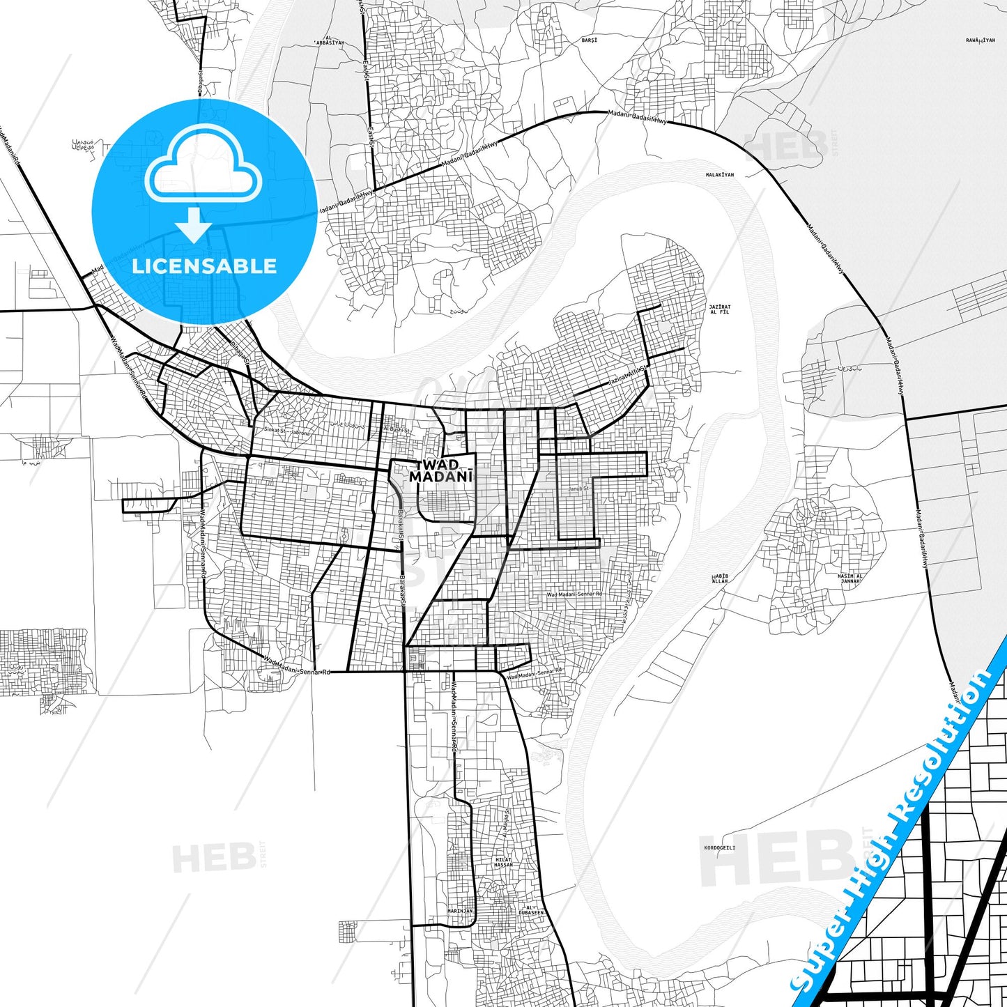 Wad Medani, Sudan Light Map with Street Names, City Names, and Districts