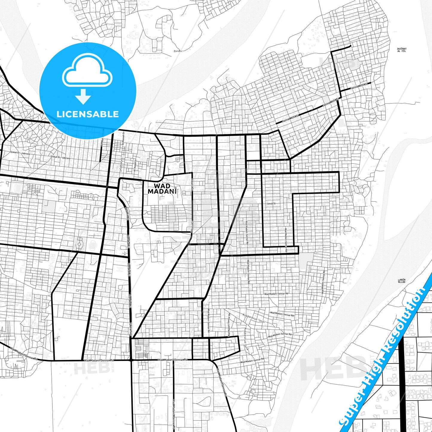 Wad Medani, Sudan Light Map with Street Names, City Names, and Districts
