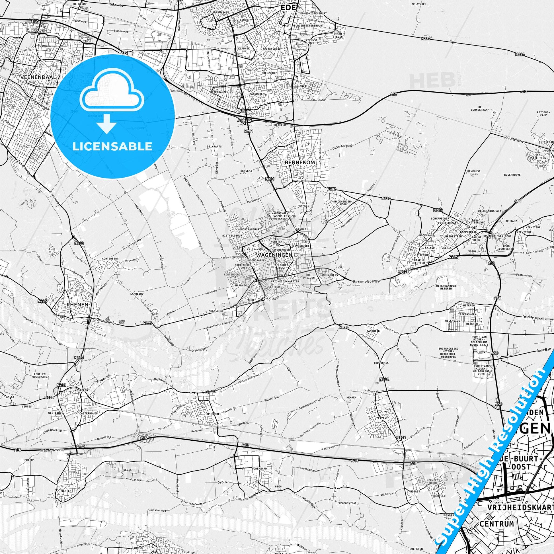Wageningen, Netherlands light map with streetnames, citynames and districts